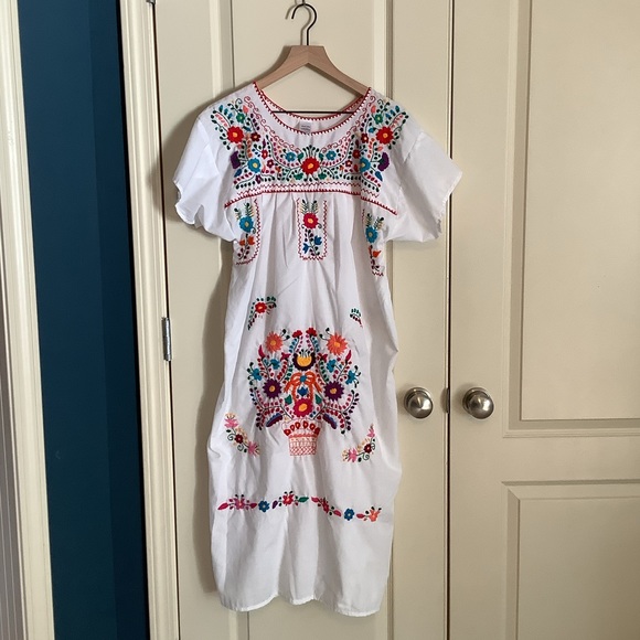 green emerald velvet dress Artisan Mexican Style Dress with Embroidered Flowers